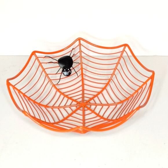 Orange Metal Spiderweb Halloween Candy Bowl Dish‎ - Picture 1 of 12